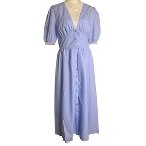 Rihoas Midi Dress Lace Trim Puff Sleeve V Neck Woven Blue S NWT